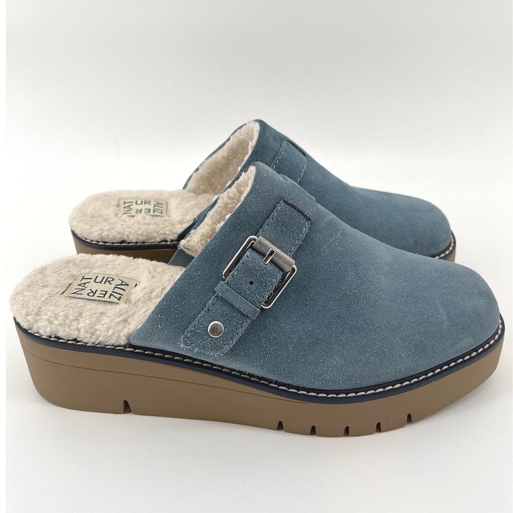 Naturalizer Womens 9.5M Wayde Clogs Blue Suede Faux Shearling Platform Mules